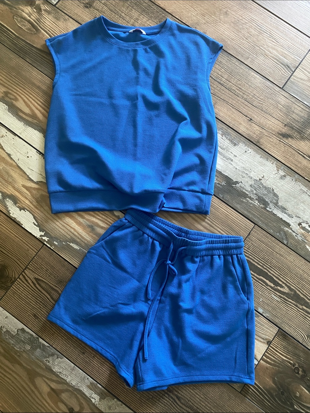 Womens Blue Two-Piece Set - Soft Knit Top & Shorts